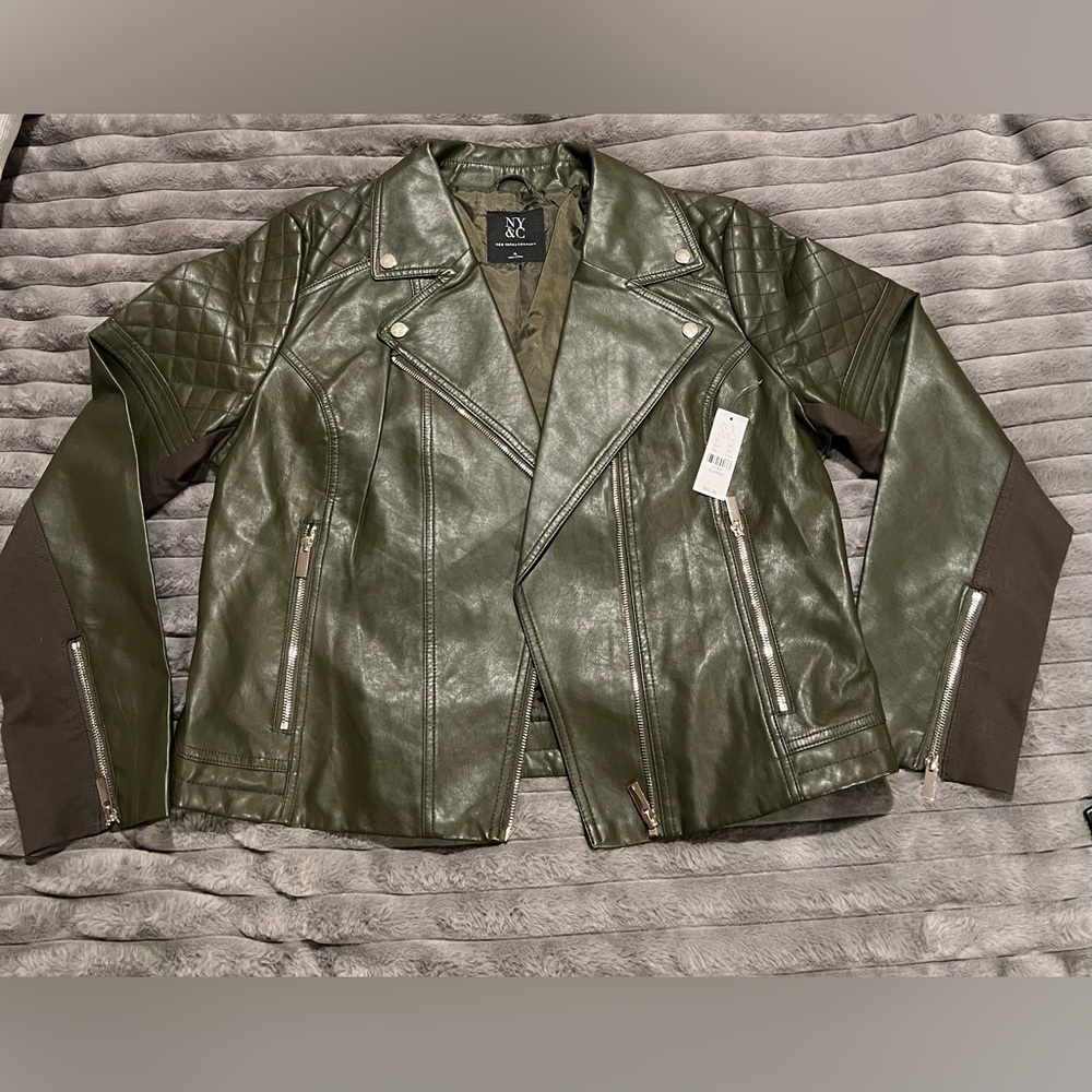 NY&C WOMEN FAUX LEATHER MOTO JACKET OLIVE GREEN XL NEW YORK COMPANY REG $90 NWT
